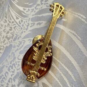 AVON Amber Lucite Celluloid Mandolin Guitar Musical Instrument VTG Brooch Pin